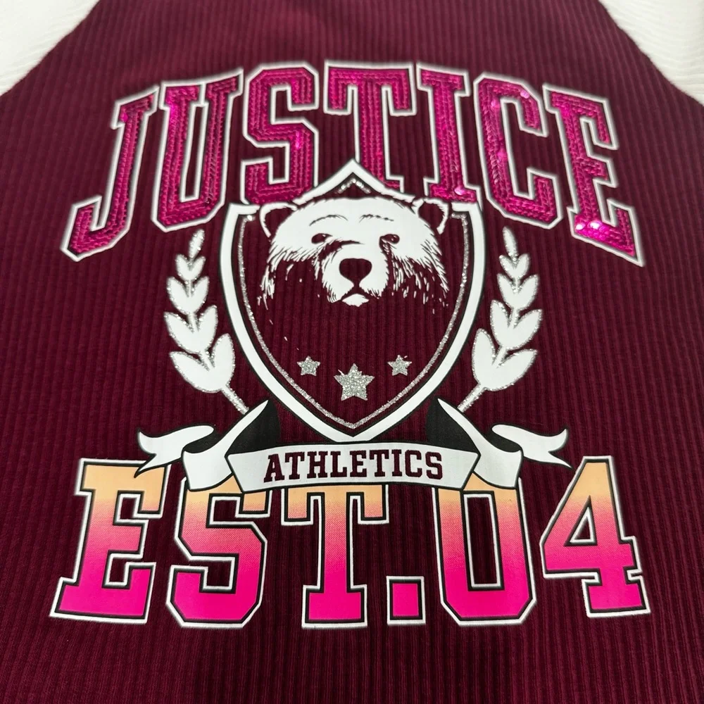 Justice Girls Short Sleeve Maroon and White Ribbed Sweater, Size 10, Fall Shirt